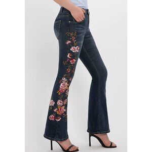 Dark Wash Floral Embroidered Patch‎ High Waisted Flare Bell Bottom Denim Jeans